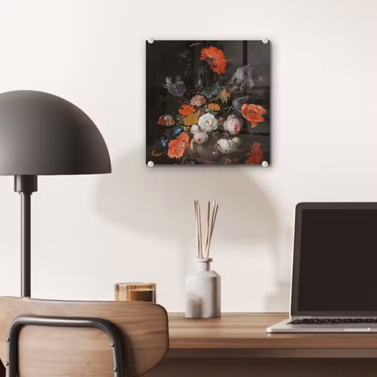 Stilleven met bloemen en een horloge - Schilderij van Abraham Mignon plexiglas 5mm klein -sfeer6
