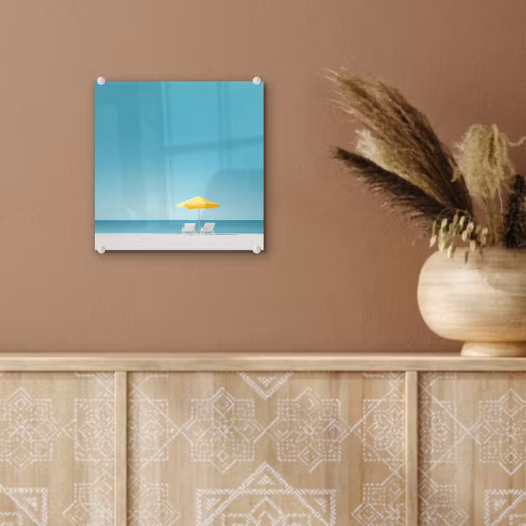 Strand - Blauwe lucht - Geel - Parasol plexiglas 5mm klein -sfeer5