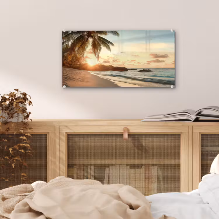 Strand - Palmbomen - Oceaan - Zonsondergang plexiglas 5mm klein -sfeer4