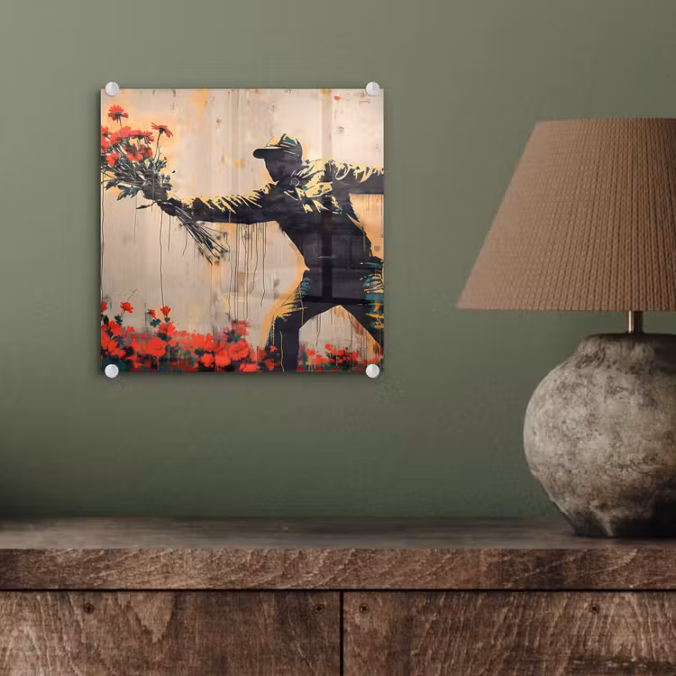Street art - Man - Bloemen - Rood - Graffiti - Banksy plexiglas 5mm klein -sfeer3