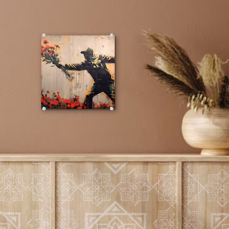 Street art - Man - Bloemen - Rood - Graffiti - Banksy plexiglas 5mm klein -sfeer5
