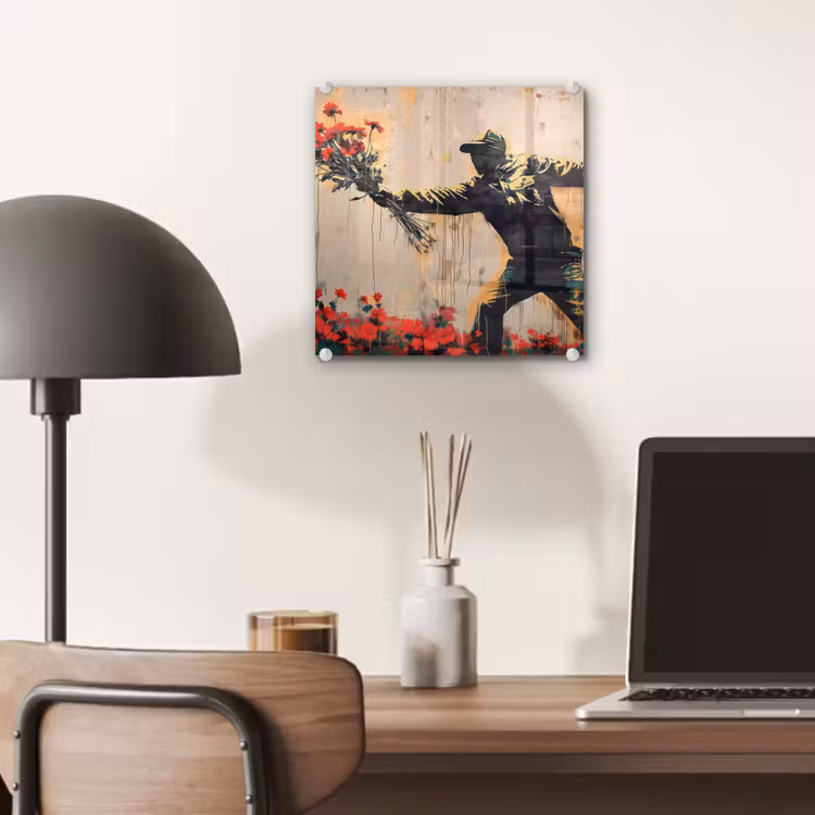 Street art - Man - Bloemen - Rood - Graffiti - Banksy plexiglas 5mm klein -sfeer6