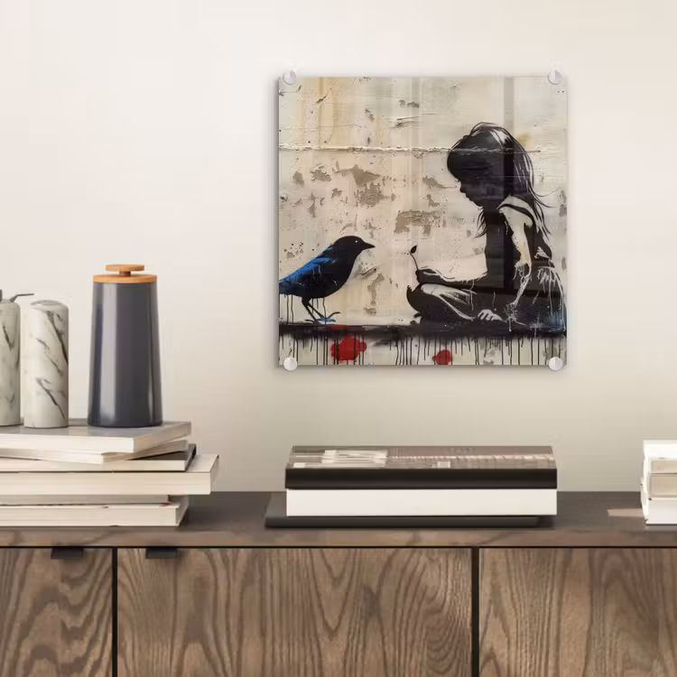 Street art - Meisje - Vogel - Graffiti - Banksy plexiglas 5mm klein -sfeer1