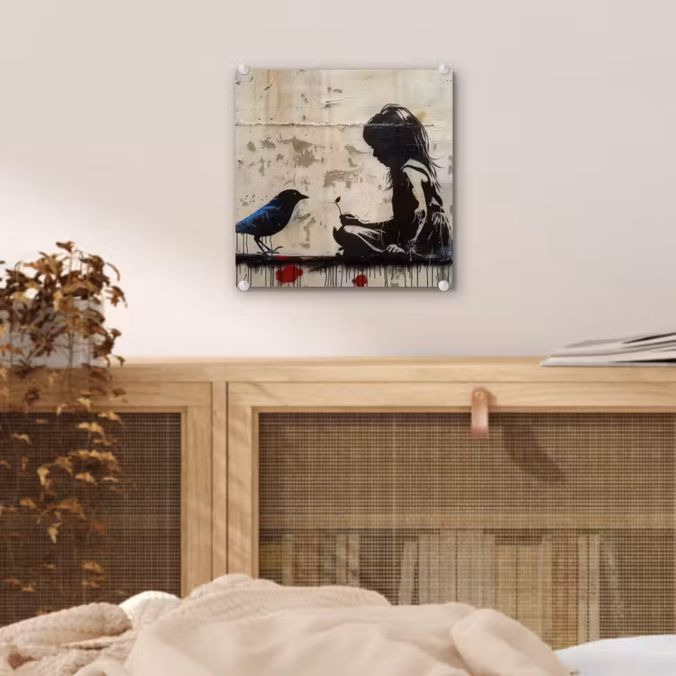 Street art - Meisje - Vogel - Graffiti - Banksy plexiglas 5mm klein -sfeer4
