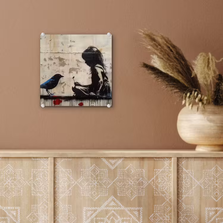 Street art - Meisje - Vogel - Graffiti - Banksy plexiglas 5mm klein -sfeer5