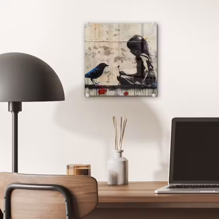 Street art - Meisje - Vogel - Graffiti - Banksy plexiglas 5mm klein -sfeer6