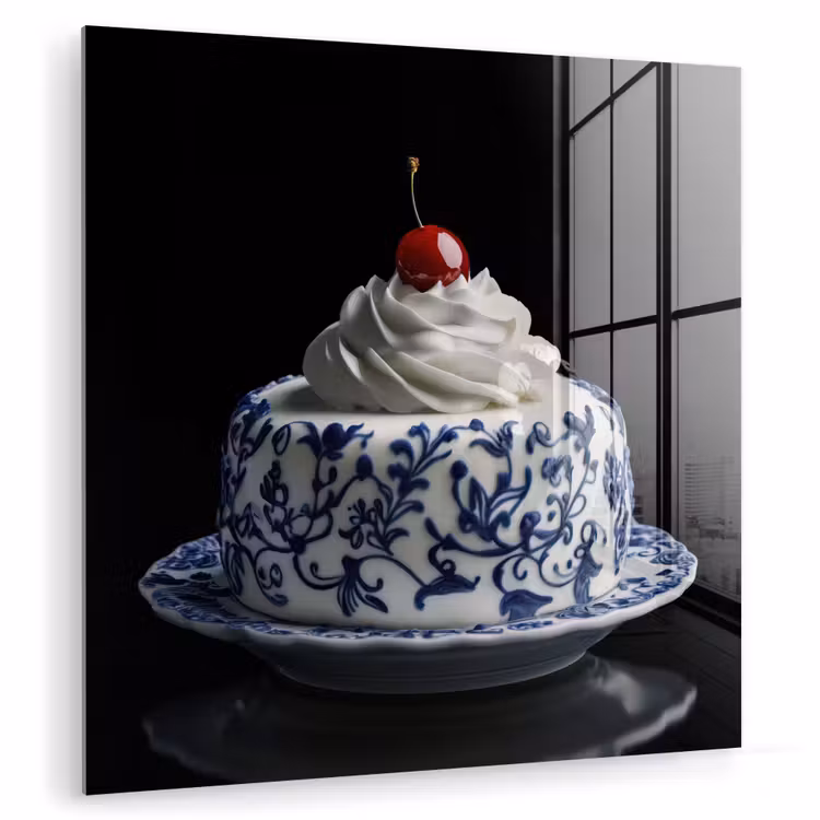 Taart - Slagroom - Kers - Bord - Delfts blauw plexiglas 5mm klein -zzzproduct_nieuw