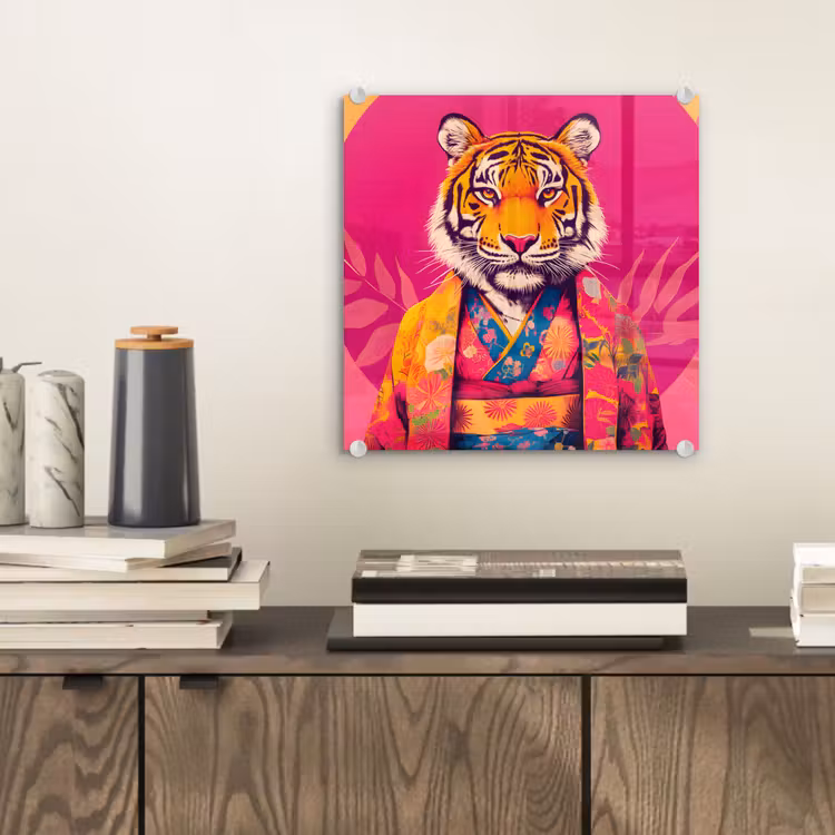 Tijger - Kimono - Planten - Roze plexiglas 5mm klein -sfeer1