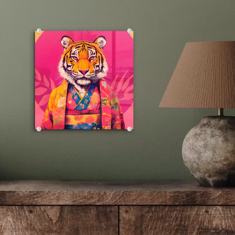 Tijger - Kimono - Planten - Roze plexiglas 5mm klein -sfeer3