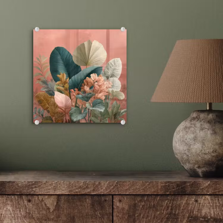 Tropische bladeren - Bloemen - Roze - groen plexiglas 5mm klein -sfeer3