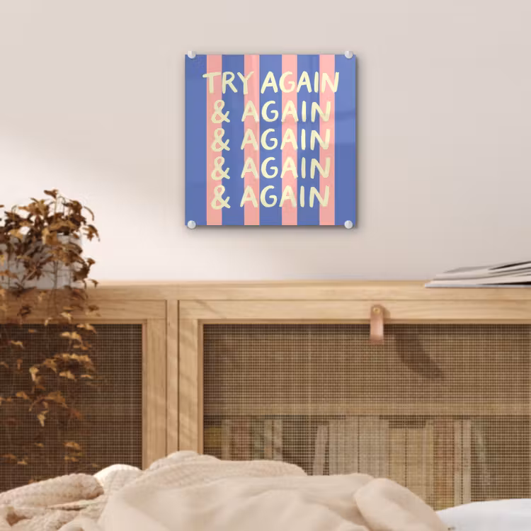 Try again - Strepen - Roze - Verticaal - Blauw plexiglas 5mm klein -sfeer4