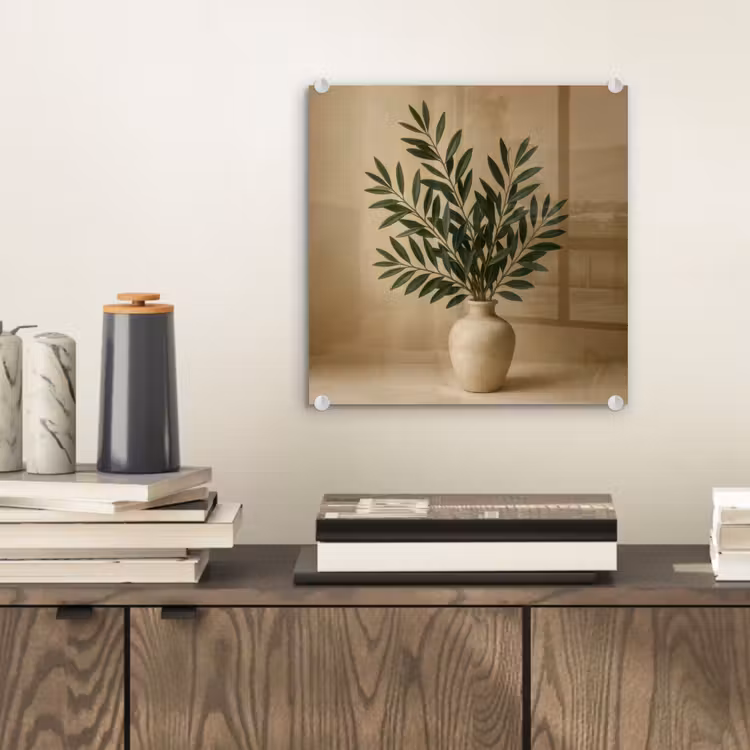 Vaas - Olijftakken - Bladeren - Beige plexiglas 5mm klein -sfeer1