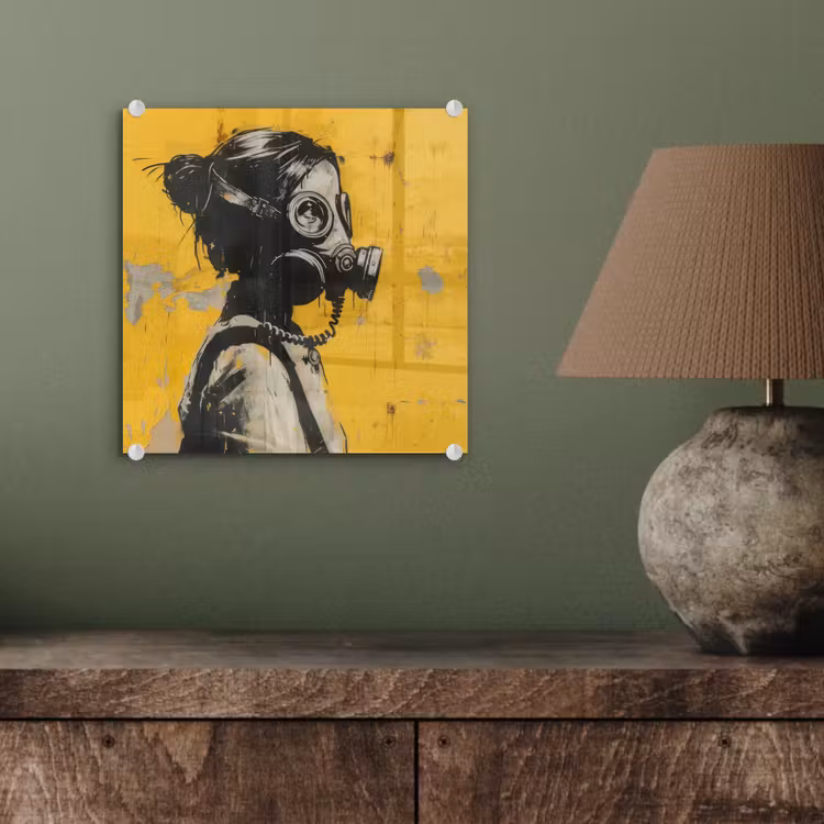 Vintage - Street art - Meisje - Masker - Geel - Banksy plexiglas 5mm klein -sfeer3