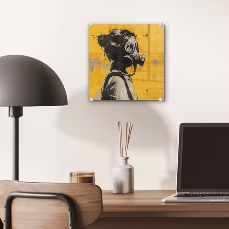 Vintage - Street art - Meisje - Masker - Geel - Banksy plexiglas 5mm klein -sfeer6