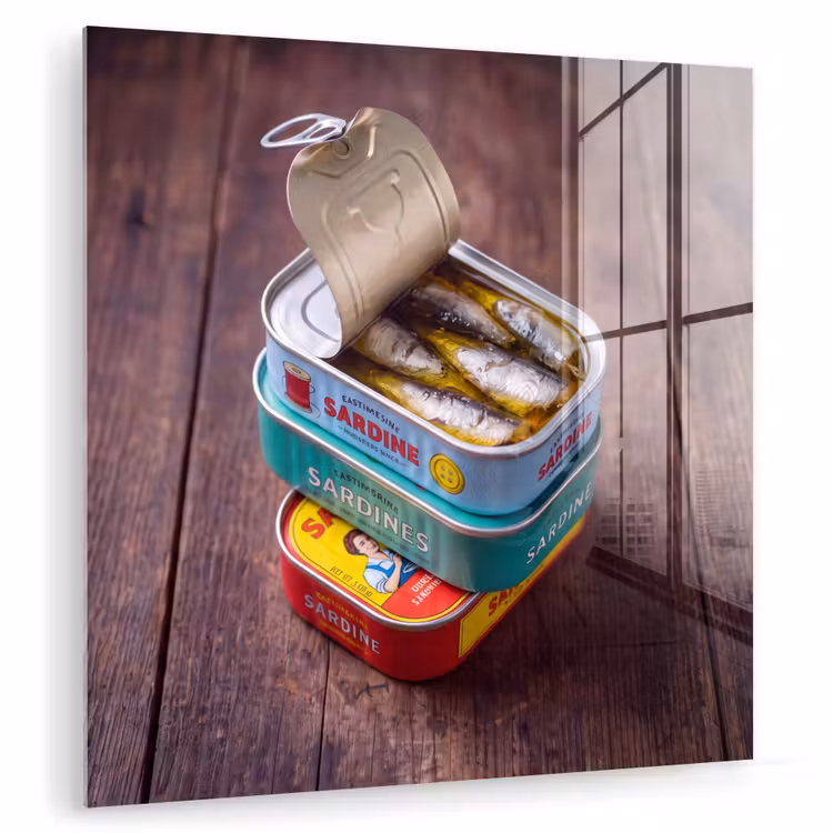 Glas schilderij - Vis - Blikjes - Keuken - Vis - Blikjes - Keuken plexiglas 5mm klein