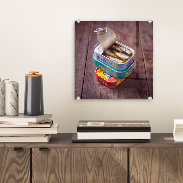 Glas schilderij - Vis - Blikjes - Keuken - Vis - Blikjes - Keuken plexiglas 5mm klein