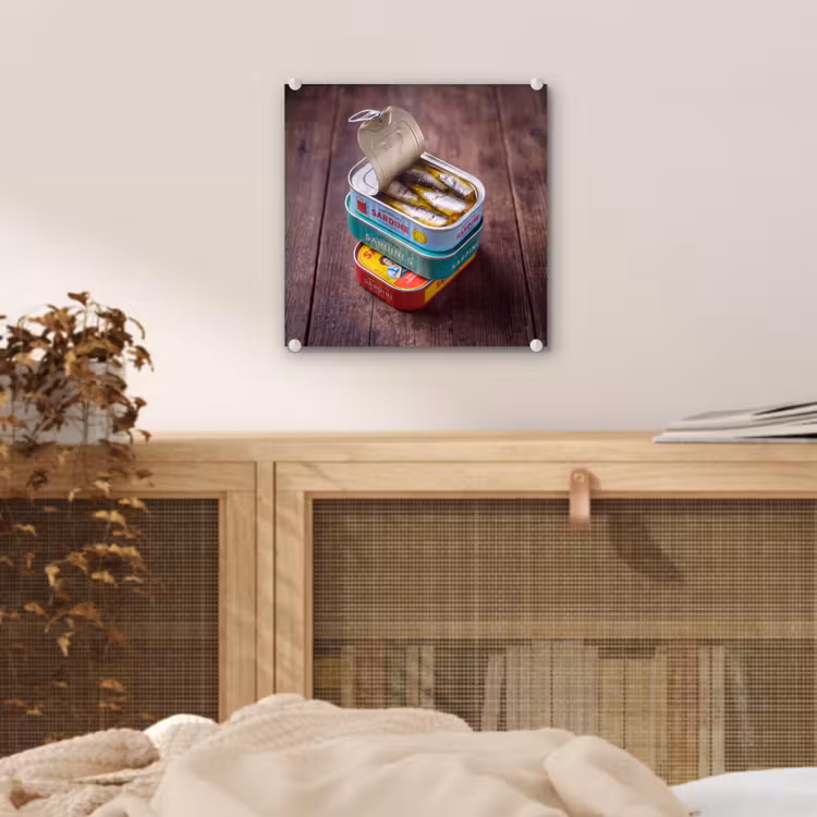 Glas schilderij - Vis - Blikjes - Keuken - Vis - Blikjes - Keuken plexiglas 5mm klein