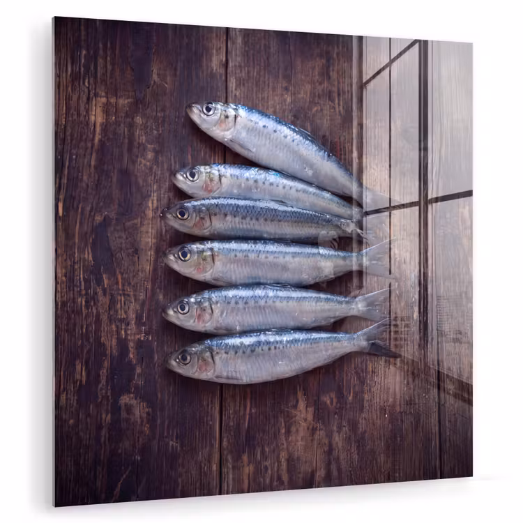 Glas schilderij - Vis - Hout - Eten - Vis - Hout - Eten plexiglas 5mm klein