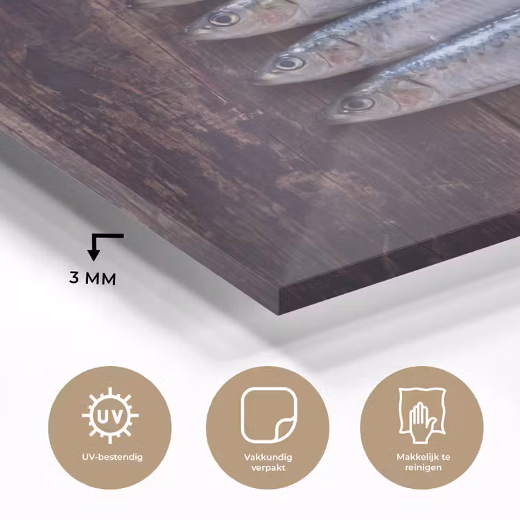 Glas schilderij - Vis - Hout - Eten - Vis - Hout - Eten plexiglas 5mm klein