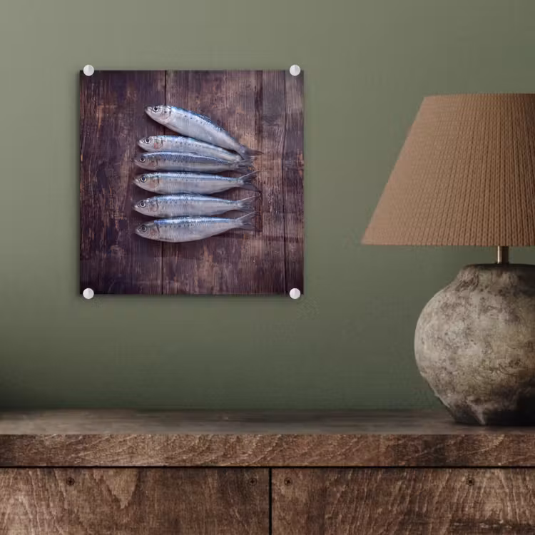 Glas schilderij - Vis - Hout - Eten - Vis - Hout - Eten plexiglas 5mm klein