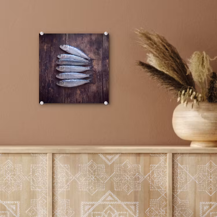 Glas schilderij - Vis - Hout - Eten - Vis - Hout - Eten plexiglas 5mm klein
