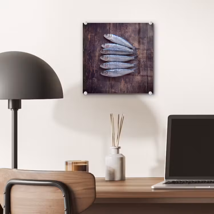Glas schilderij - Vis - Hout - Eten - Vis - Hout - Eten plexiglas 5mm klein
