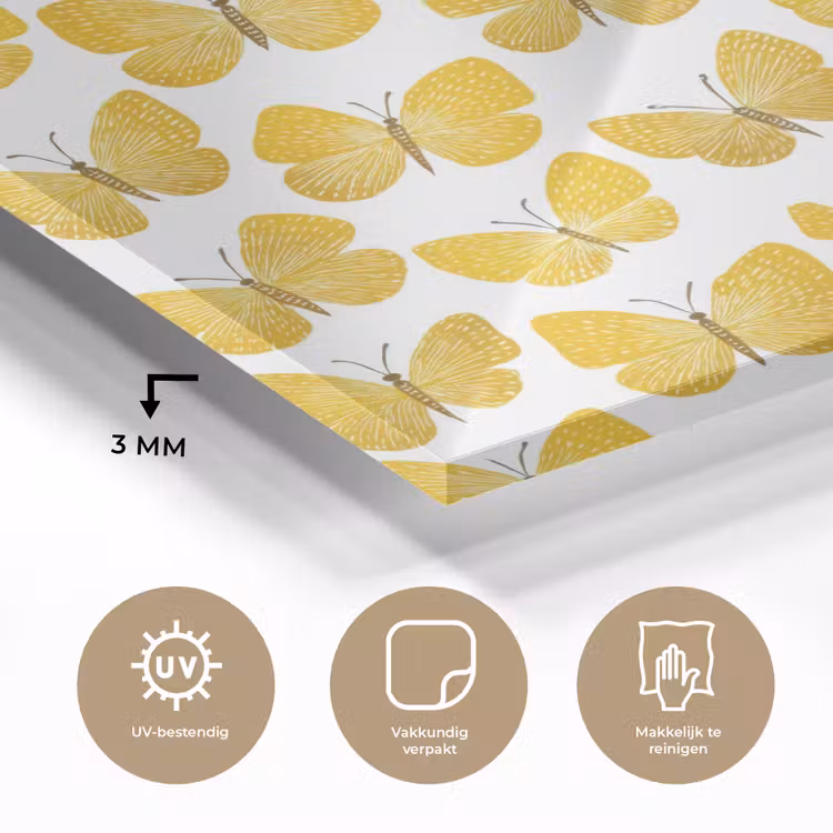 Vlinders - Botanisch - Illustratie - Geel - Wit plexiglas 5mm klein 11 -sfeer2