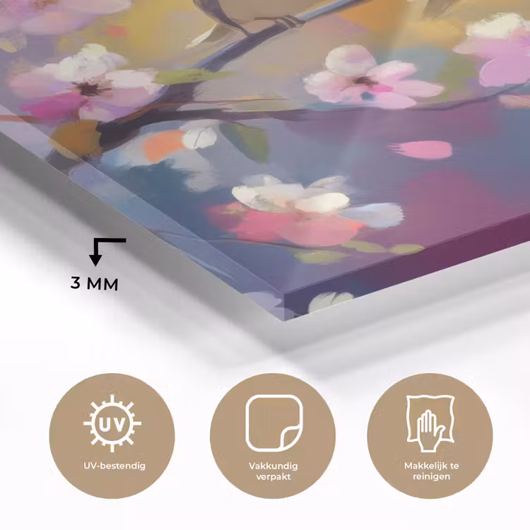 Vogels - Bloemen - Roze plexiglas 5mm klein -sfeer2