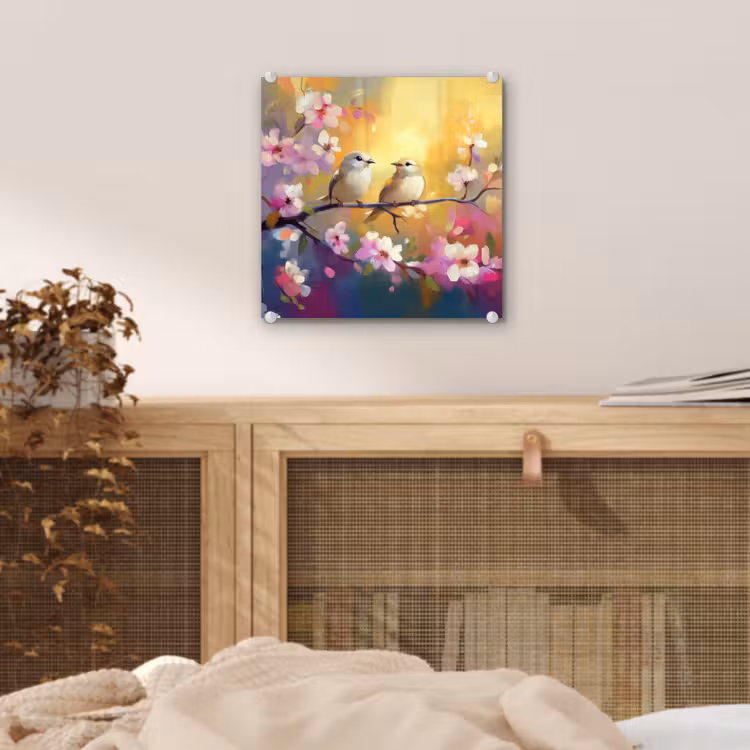 Vogels - Bloemen - Roze plexiglas 5mm klein -sfeer4