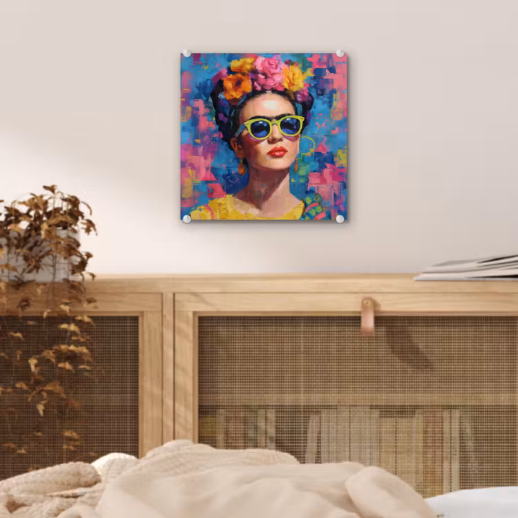 Vrolijk portret - Vrouw - Bloemenkroon plexiglas 5mm klein -sfeer4