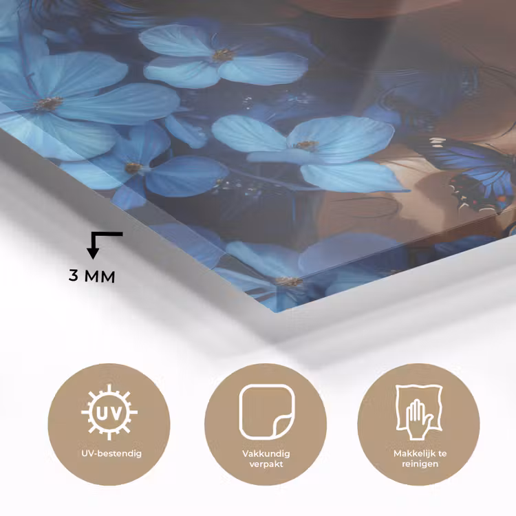 Vrouw - Blauw - Bloemen - Vlinders - Natuur plexiglas 5mm klein -sfeer2