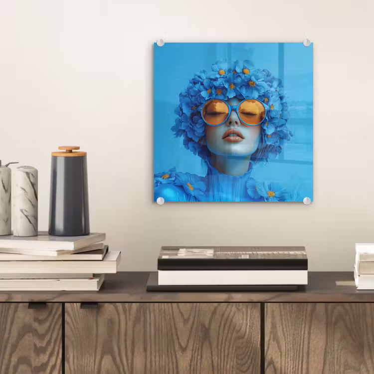 Vrouw - Bloem - Blauw - Modern - Bril - Portret plexiglas 5mm klein -sfeer1