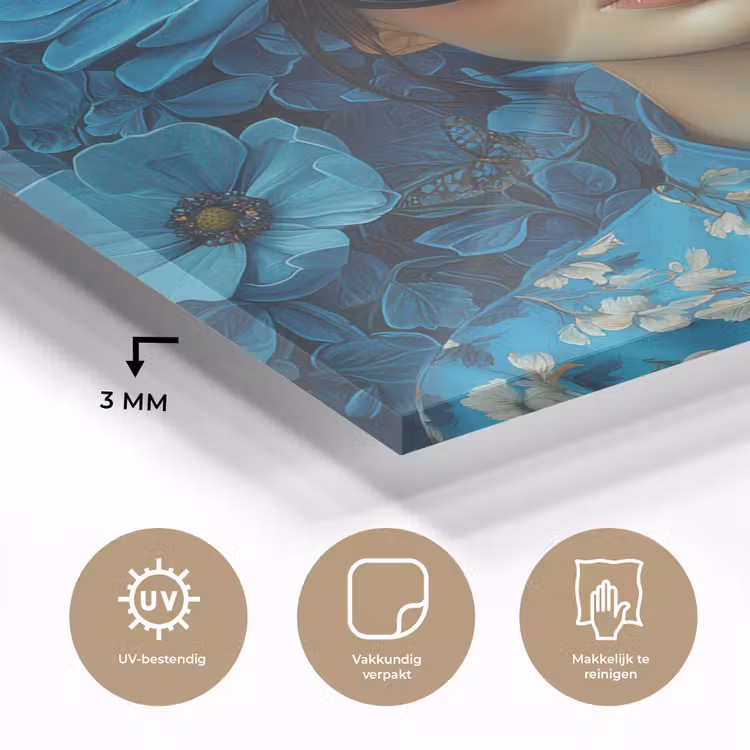 Vrouw - Bloemen - Blauw - Aesthetic - Luxe plexiglas 5mm klein -sfeer2