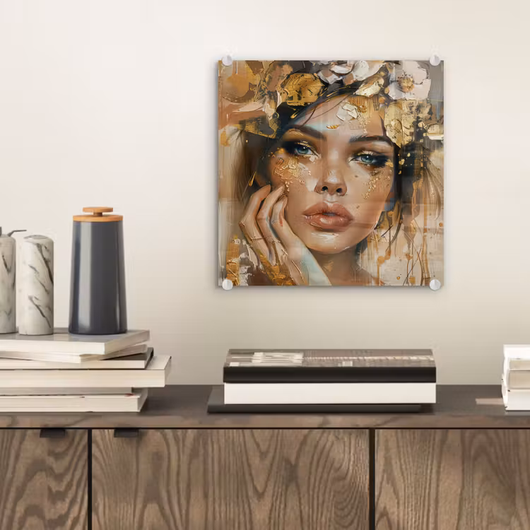 Vrouw - Bloemen - Goud - Portret plexiglas 5mm klein -sfeer1