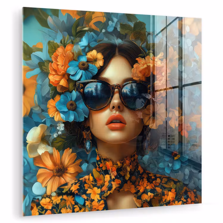 Vrouw - Bloemen - Oranje - Blauw - Modern plexiglas 5mm klein -zzzproduct_nieuw