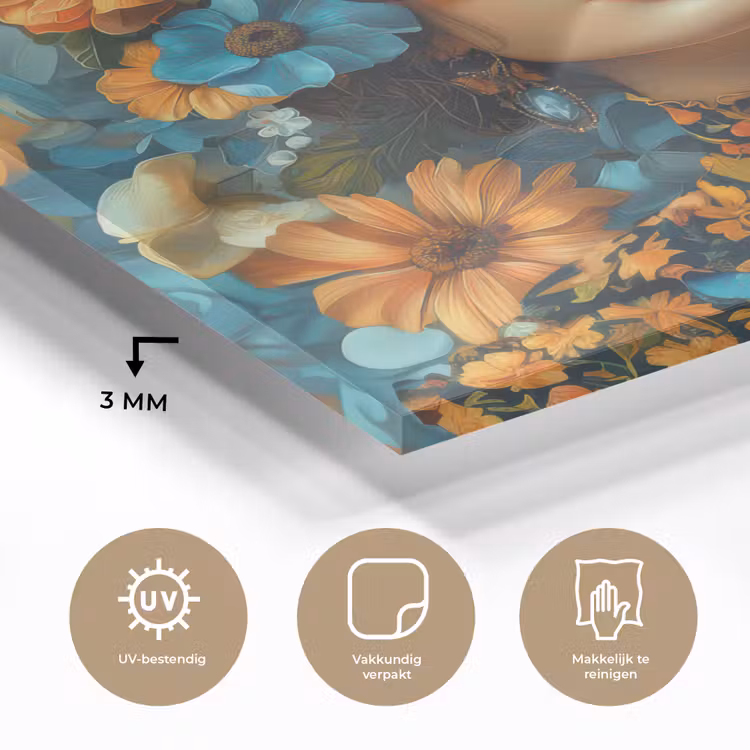 Vrouw - Bloemen - Oranje - Blauw - Modern plexiglas 5mm klein -sfeer2