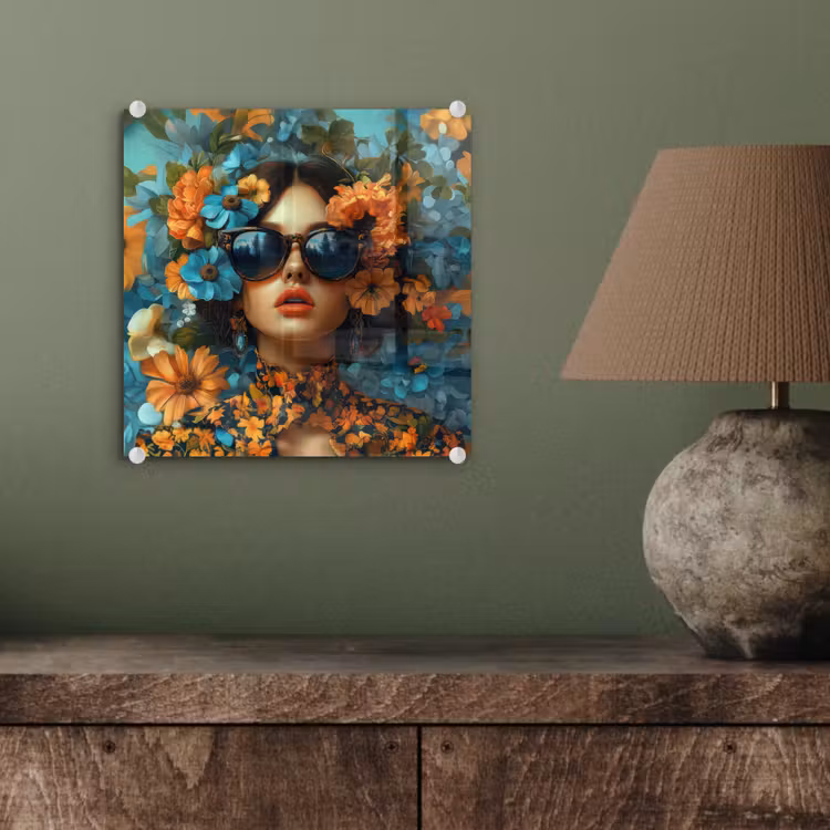Vrouw - Bloemen - Oranje - Blauw - Modern plexiglas 5mm klein -sfeer3