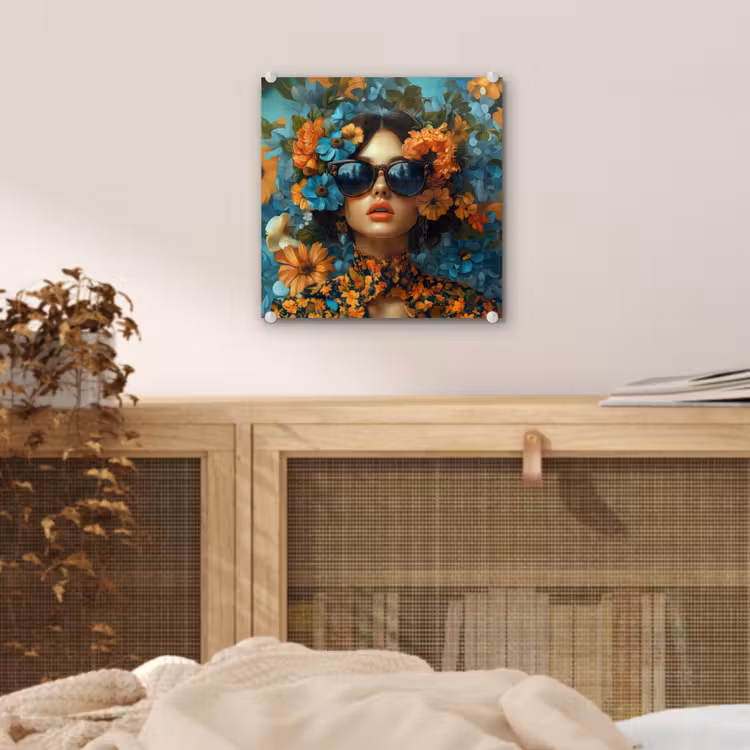 Vrouw - Bloemen - Oranje - Blauw - Modern plexiglas 5mm klein -sfeer4