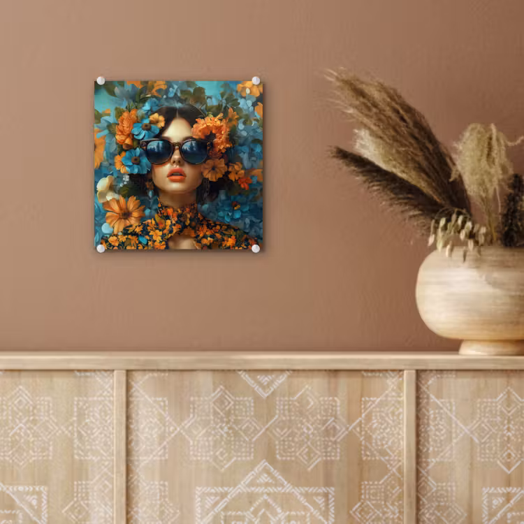 Vrouw - Bloemen - Oranje - Blauw - Modern plexiglas 5mm klein -sfeer5