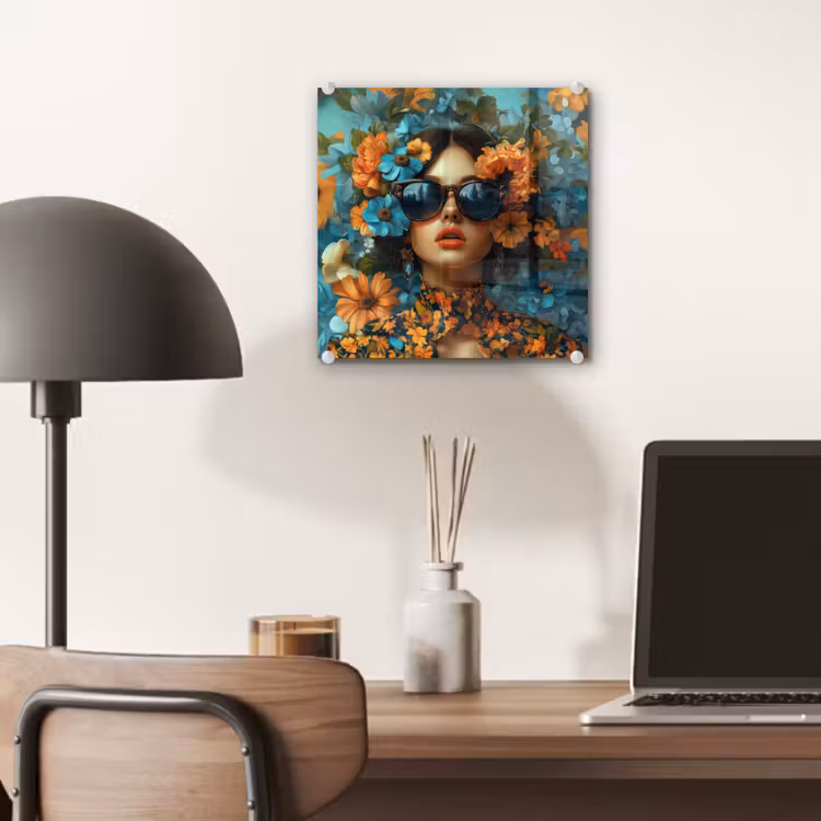 Vrouw - Bloemen - Oranje - Blauw - Modern plexiglas 5mm klein -sfeer6