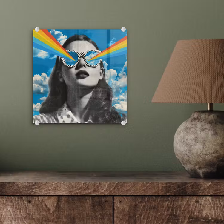 Vrouw - Bril - Regenboog - Wolken plexiglas 5mm klein -sfeer3