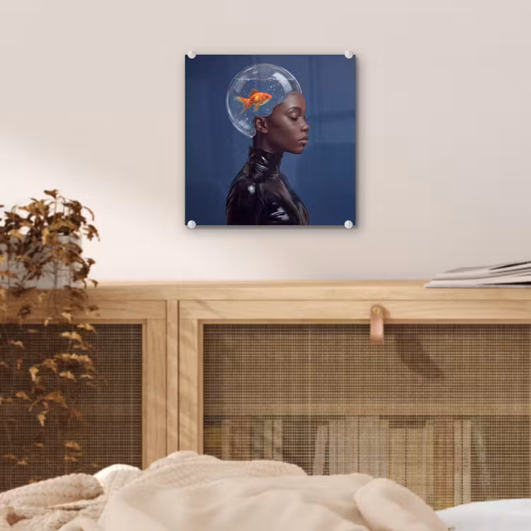 Vrouw - Goudvis - Hoofd - Abstract - Blauw plexiglas 5mm klein -sfeer4
