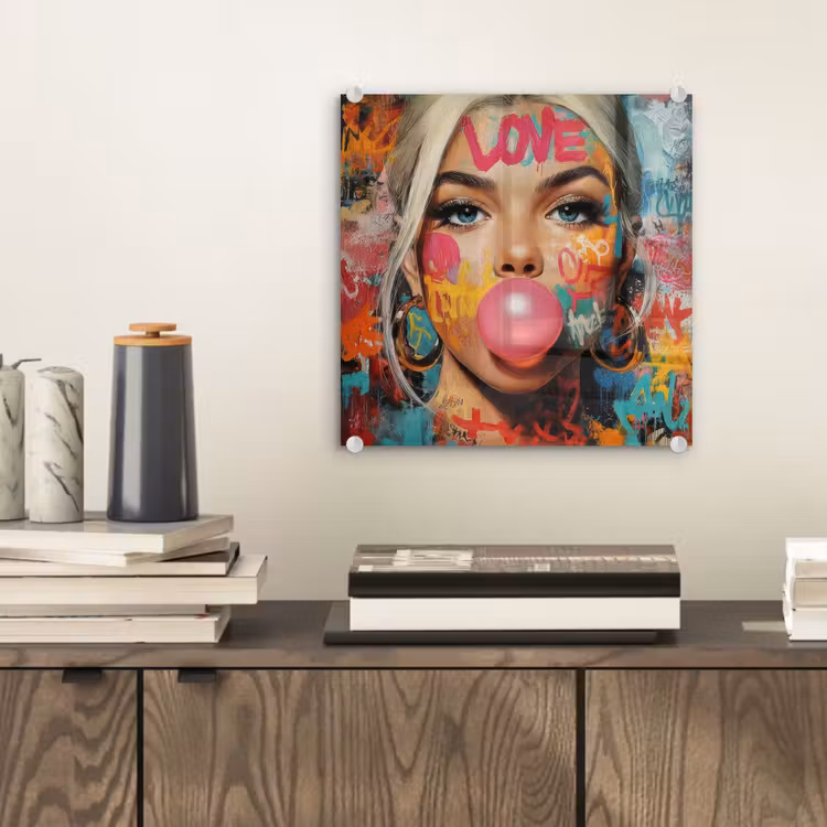 Vrouw - Kauwgom - Graffiti - Love plexiglas 5mm klein -sfeer1