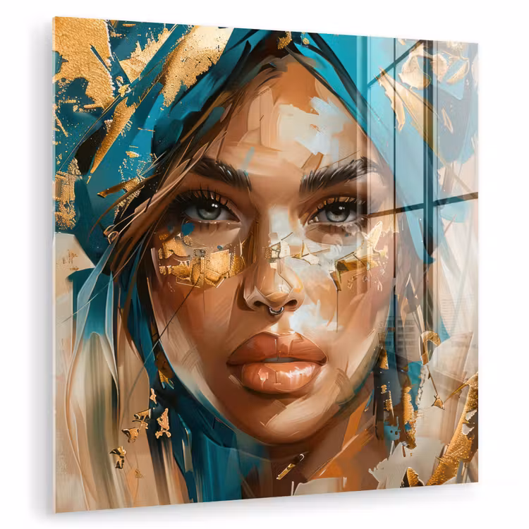 Vrouw - Portret - Goud - Luxe - Blauw plexiglas 5mm klein -zzzproduct_nieuw