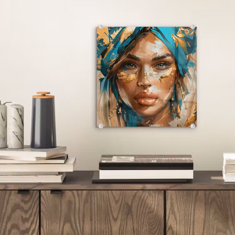 Vrouw - Portret - Goud - Luxe - Blauw plexiglas 5mm klein -sfeer1