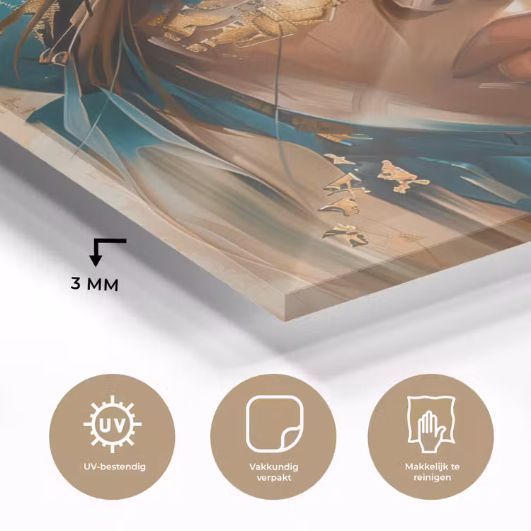 Vrouw - Portret - Goud - Luxe - Blauw plexiglas 5mm klein -sfeer2