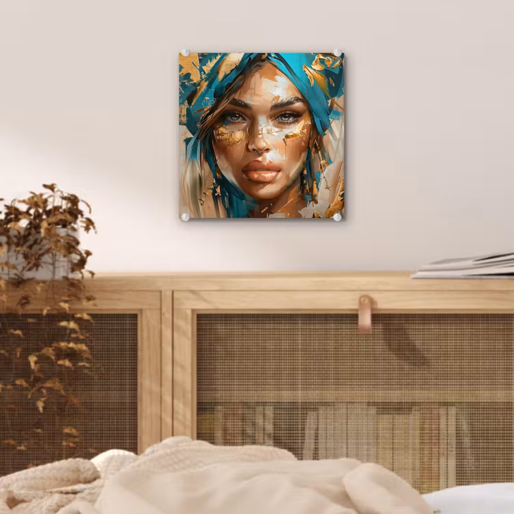 Vrouw - Portret - Goud - Luxe - Blauw plexiglas 5mm klein -sfeer4