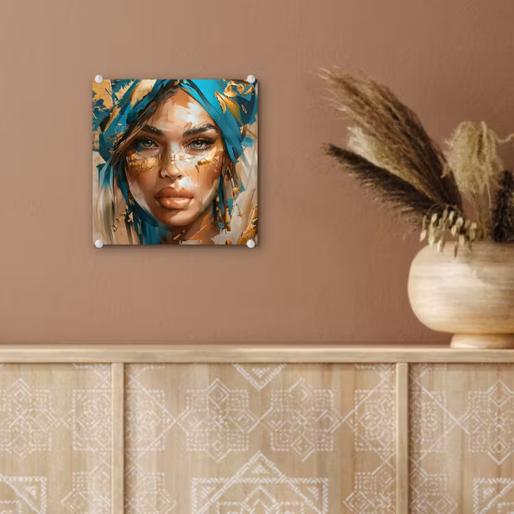 Vrouw - Portret - Goud - Luxe - Blauw plexiglas 5mm klein -sfeer5