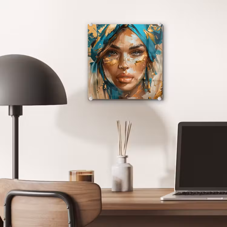 Vrouw - Portret - Goud - Luxe - Blauw plexiglas 5mm klein -sfeer6