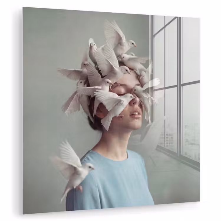 Vrouw - Vogels - Abstract - Modern - Wit plexiglas 5mm klein -zzzproduct_nieuw